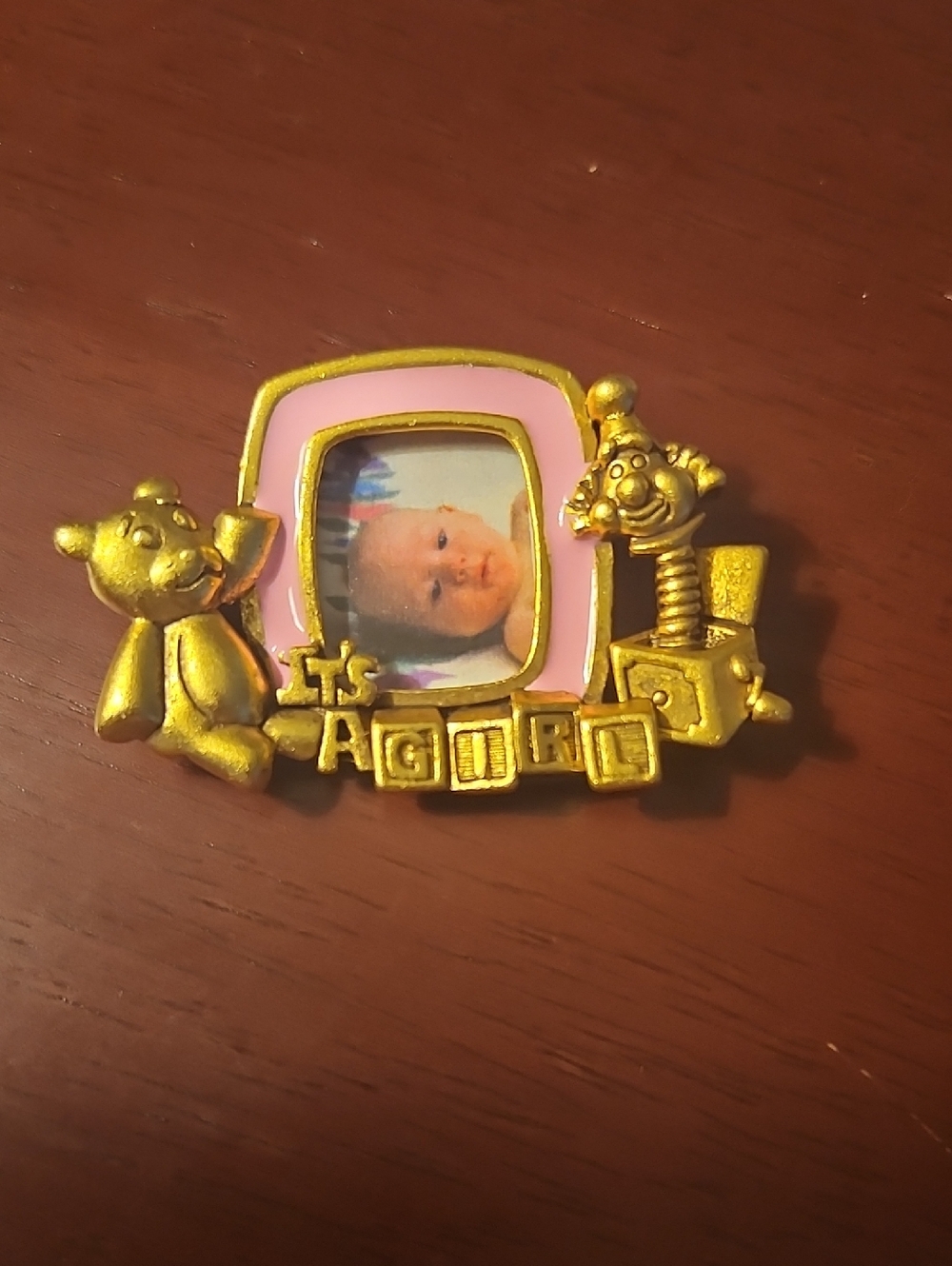 Gold Baby Photo Frame Pin with Pink Enamel Border